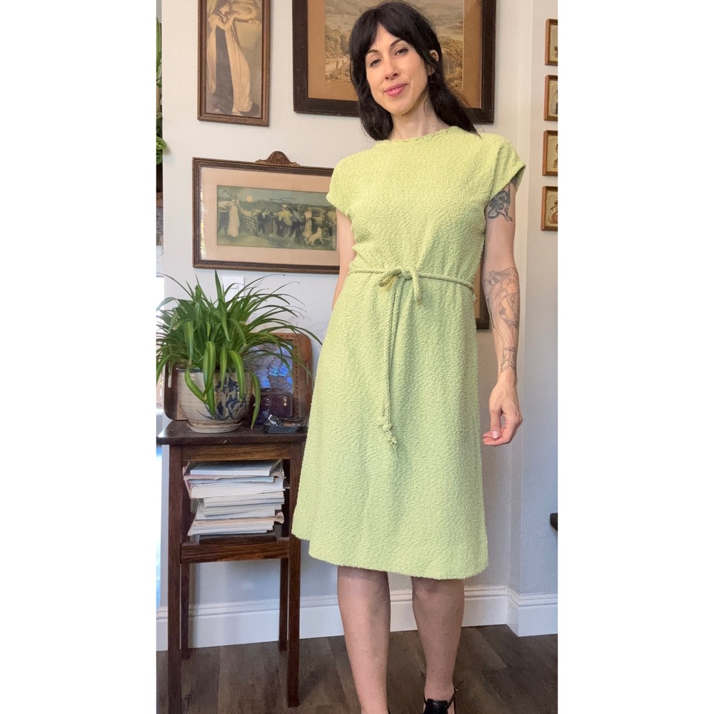 Vintage 60s 70s Chartreuse Lime Green Boucle Knit Shift Dress Crochet Trim Midi